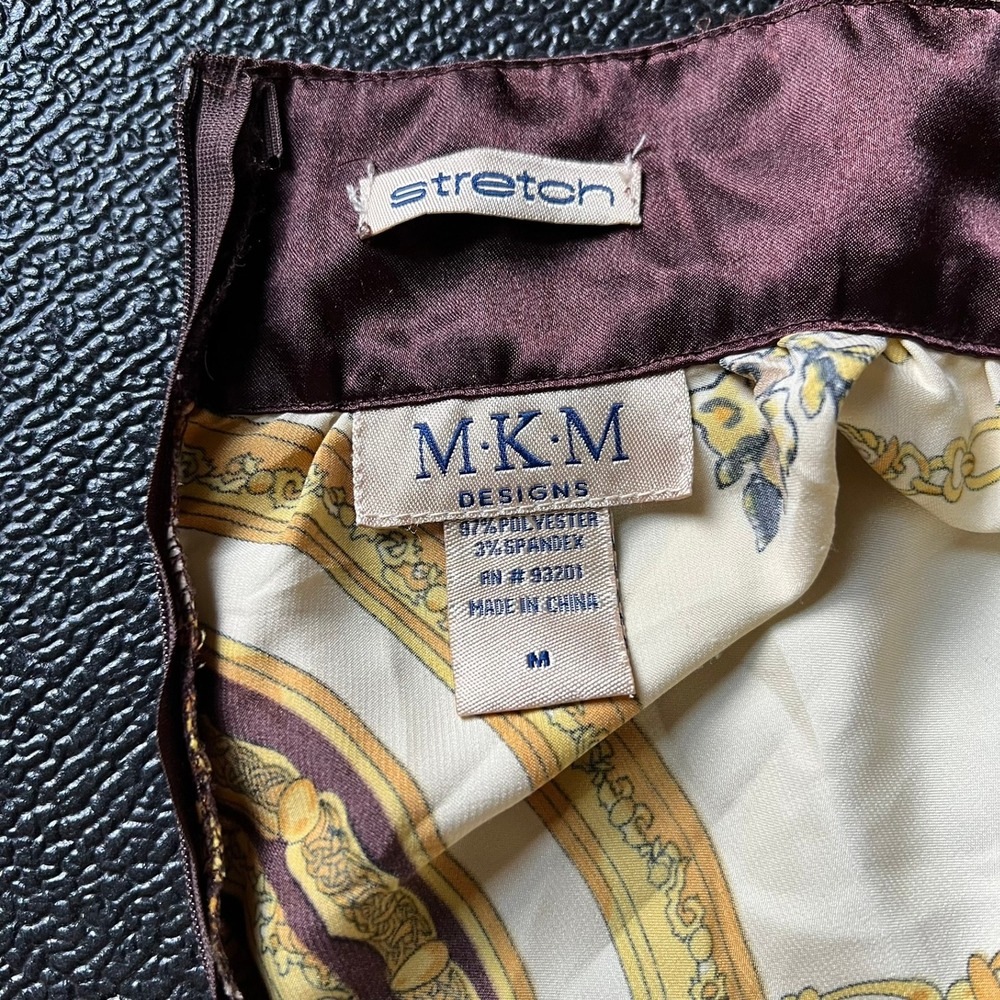 MKM Designs Brown Gold Baroque Scarf Print Top M Empire Waist Babydoll Glam Y2k - Picture 6 of 9